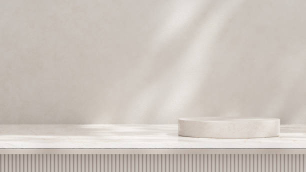 istock A 3D rendering of an empty space with podium against a light grey background in a landscape layout, ideal for showcasing merchandise. 2190397515