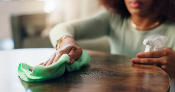 istock Spring cleaning, home and hands with cloth, lounge and disinfectant for table, spray and apartment. Chores, closeup and hygiene for dust, sanitizer and polishing of furniture, person and house 2190399160