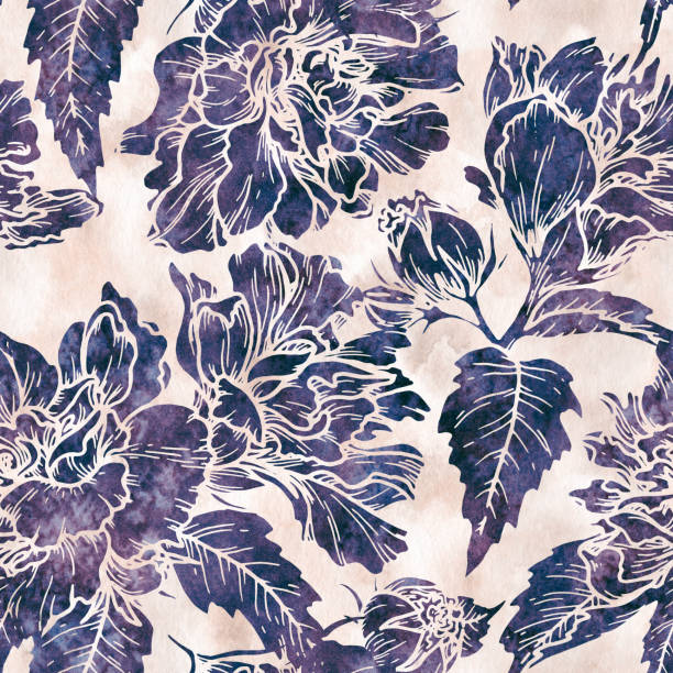 istock Watercolor texture floral seamless pattern with line art and silhouette flowers. Hand drawn background with beige and blue shades. Perfect for creating trendy graphic resource and stylish designs. 2190399631