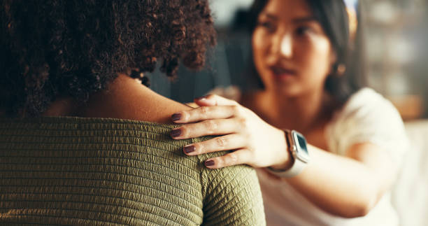 istock Friends, women and hands on shoulder for support with breakup, depression and relationship advice. Empathy, compassion and person with comfort for stress, overthinking and mental health in apartment 2190405413