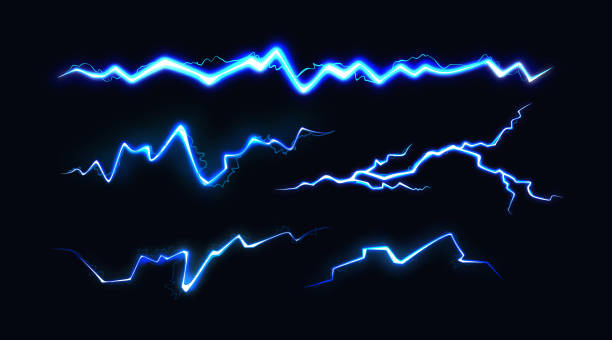 istock Set of Electric Blue Thunderbolt Illustration. Vector Neon Flash of Lightning. Spark Bolt on Dark Background 2190410932