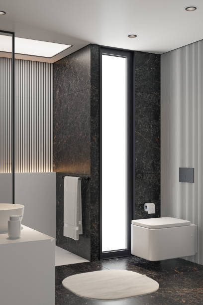 istock Modern Minimalist Black and White Master Bathroom Interior with Double Sinks and Shower with large black marble tiles 2190417878