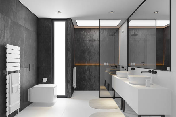 istock Modern Minimalist Black and White Master Bathroom Interior with Double Sinks and Shower with large black marble tiles 2190418297