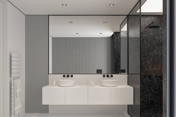 istock Modern Minimalist Black and White Master Bathroom Interior with Double Sinks and Shower with large black marble tiles 2190418313