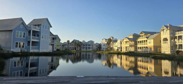 istock Beach houses surrounding a lagoon 2190419473