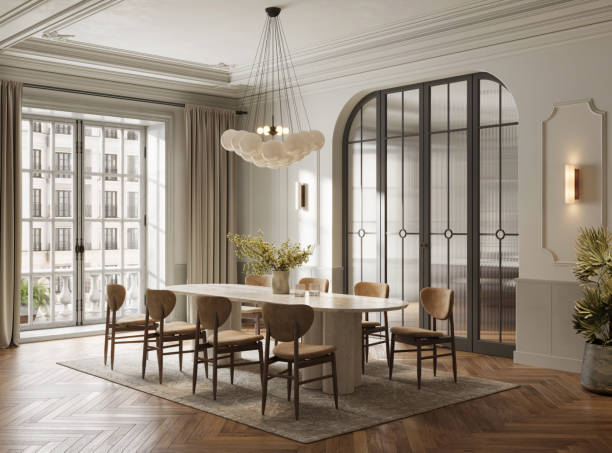 istock Digitally Generated Dining Area with Marble Table and Modern Chandelier 2190421078