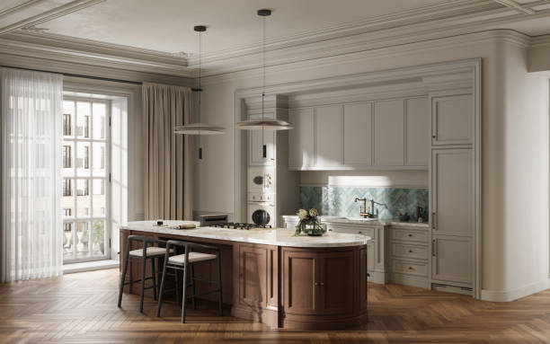 istock Digitally Generated Luxury Kitchen with Central Island and Natural Light 2190421115