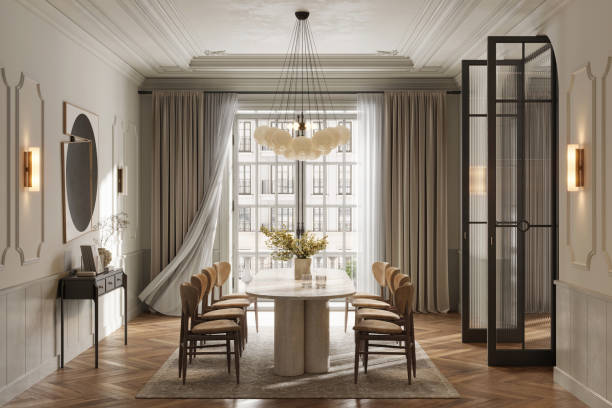 istock Digitally Generated Luxury Dining Room with Modern Furniture and Large Windows 2190421208