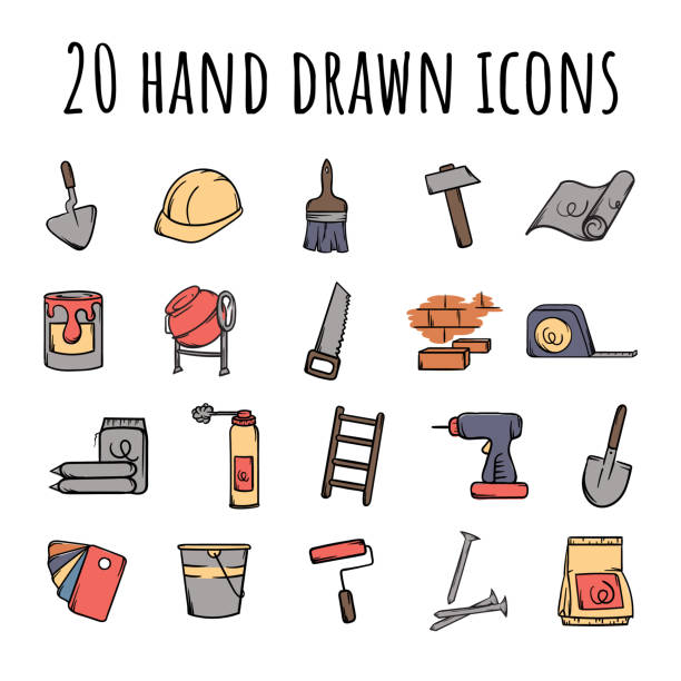 Bright set of icons of construction, repair, tools and materials. Vector signs and symbols for design, banner, website, decoration Bright set of icons of construction, repair, tools and materials. Vector signs and symbols for design, banner, website, decoration. Vector illustration nail work tool stock illustrations