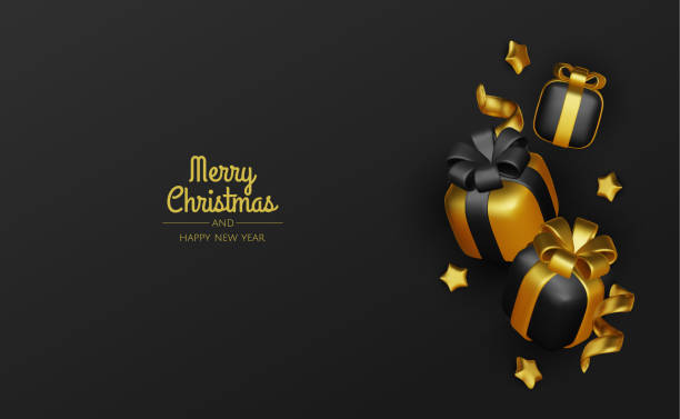 istock Happy New Year and Merry Christmas. Christmas holiday background with realistic 3d objects, bauble balls, conical metal stars. Levitation falling design composition. 2190422526