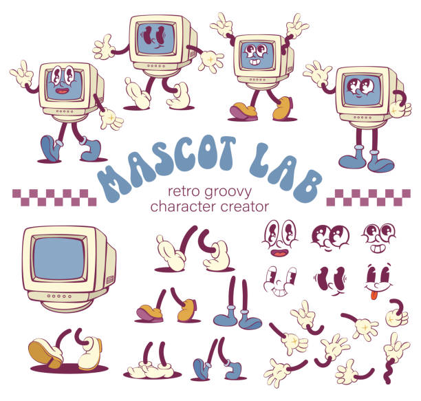 A retro groovy computer character creation kit,  customizable elements for creating playful and nostalgic designs