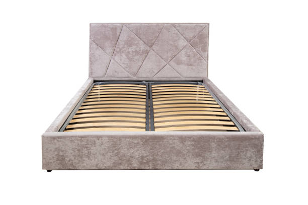 istock Brown double bed with wooden base without mattress. 2190426216