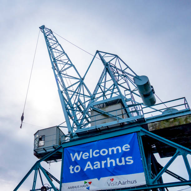 ‘Welcome to Aarhus’ banner on a crane on the quay in the port city of Aarhus in Jutland, mainland Denmark.
