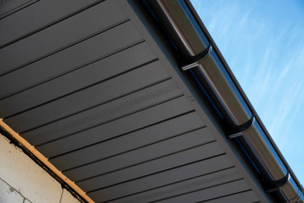 istock Edge of house with a gray perforated soffit 2190435208
