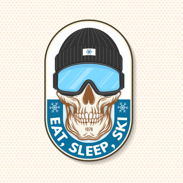 Ear, sleep, ski. Vector retro badge, textile patch. Concept for shirt, print, seal or stamp with ski glasses, skull skeleton in winter sport hat. Family vacation, activity or travel. For logo design, patches.