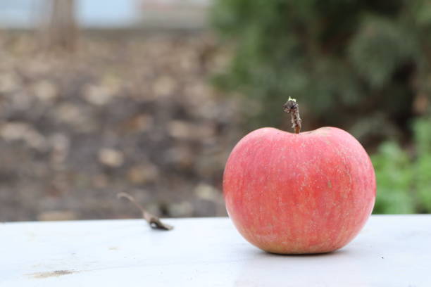 A vibrant and fresh red apple beautifully placed on a wooden table, showcasing its appealing natural beauty