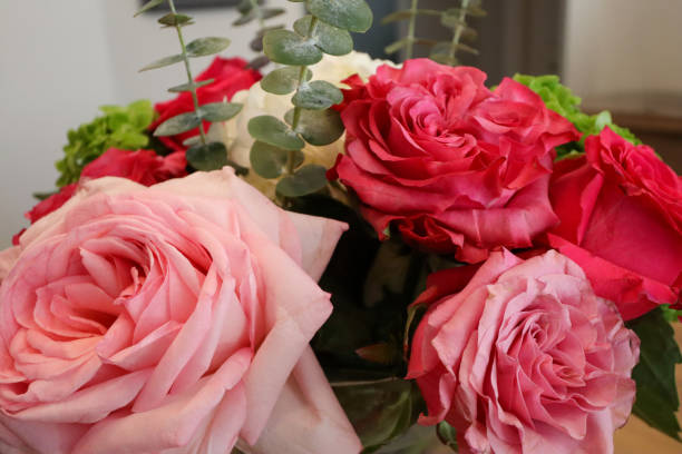 istock A stunning arrangement featuring pink and red roses with delicate eucalyptus stems and vibrant greenery, creating a lush and romantic floral display perfect for any occasion. 2190451335