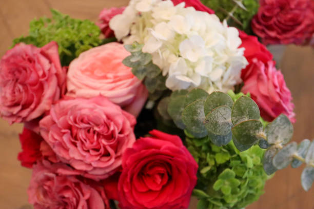 istock An overhead view of a vibrant bouquet featuring pink and red roses, white hydrangeas, lush greenery, and eucalyptus leaves, showcasing a fresh and colorful floral arrangement. 2190453592