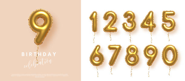 istock Birthday anniversary golden numbers set template with number 9. Celebration birthday vector background. Gold numbers in form of balloons on beige for party invitation, greeting card, poster, event 2190458705