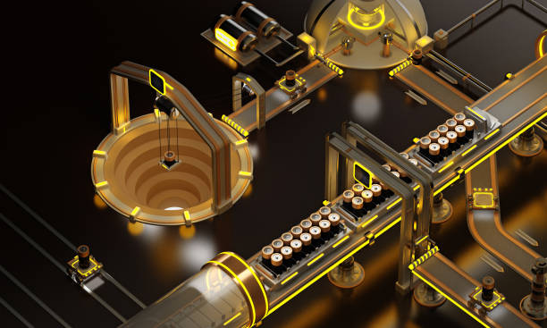 futuristic industrial facility with a conveyor belt system, highlighting the automation and efficiency of production processes. Metallic structures and glowing yellow accents. 3d rendering
