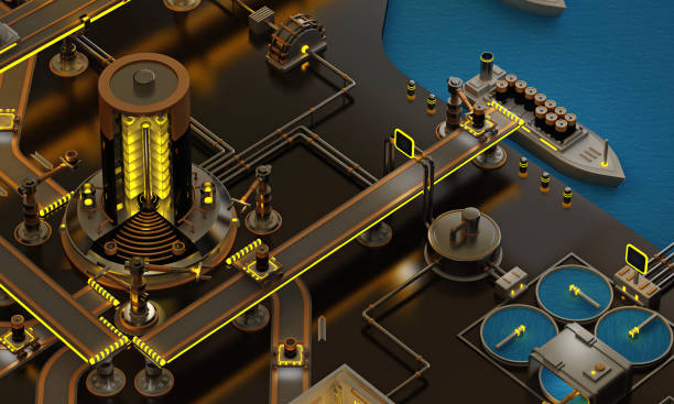 istock futuristic, abstract, industrial scene with a complex network of pipes, platforms, and machinery. The scene has blue water element in the foreground, and circular structure in the center. 3d rendering 2190459044