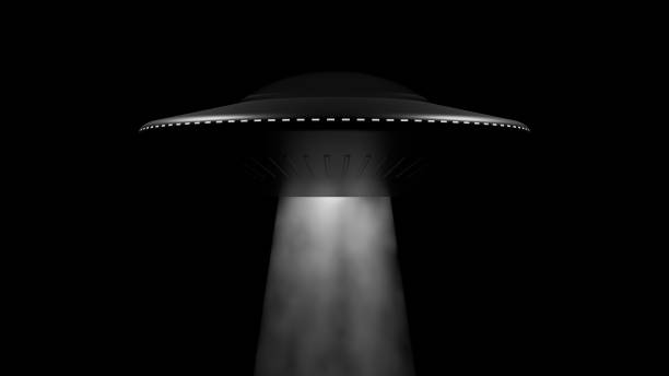 Unidentified Flying Object (UFO) hovering in the night sky, emitting a beam of light