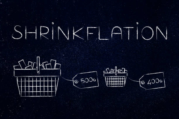 istock Shrinkflation design with product weight labels on shopping baskets, products getting smaller for the same price due to Inflation 2190461687