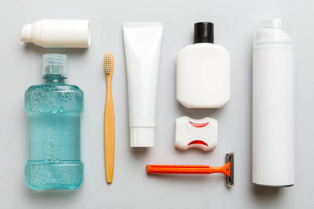 istock Mockup for bathing products top view flat lay, spa razor, toothpaste, soap, gel and other various accessories. Cosmetics for skin health. Bath Mockup for your logo 2190467699
