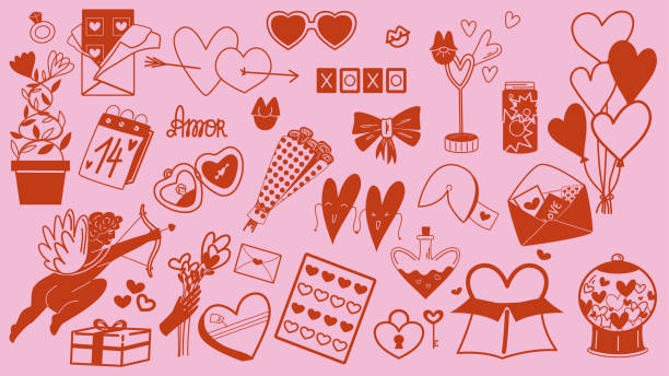 Romantic elements of Valentine's day in retro style. Outline illustration.