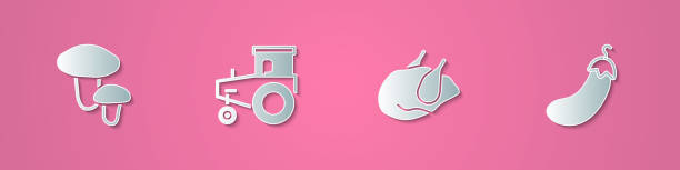 istock Set paper cut Mushroom, Tractor, Roasted turkey chicken and Eggplant icon. Paper art style. Vector 2190471347