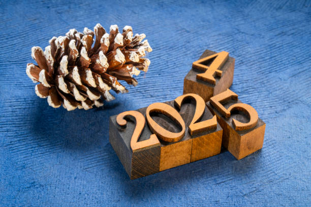 2024 and 2025 years word abstract in vintage letterpress wood type against blue textured paper, New Year greeting card or banner