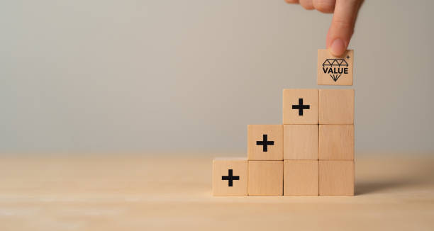 istock Value added concept. Way to adding value to product and service. Wooden blocks with value added icons. Improving products, excellent service, expert advice, consistently upgrade, deliver fast. 2190476797