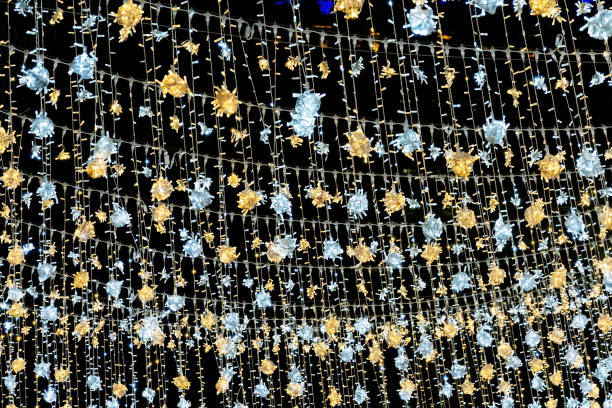 Blurred flickering lights of hanging garlands for New Year christmas street decorations at night, merry Christmas and happy New Year mood with defocused twinkling lights bokeh