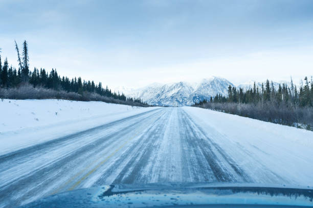 Traveling along the Alaksan Highway in winter heading from Whitehorse toward Destruction Bay, Kluane Naitonal Park, Whitehorse, Yukon, Canada