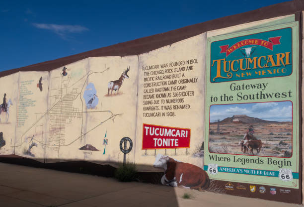 Welcome to Tucumcari, New Mexico, mural on Route 66. The handpainted mural features a city map and is located on the Chamber of Commercie Visitor Center.