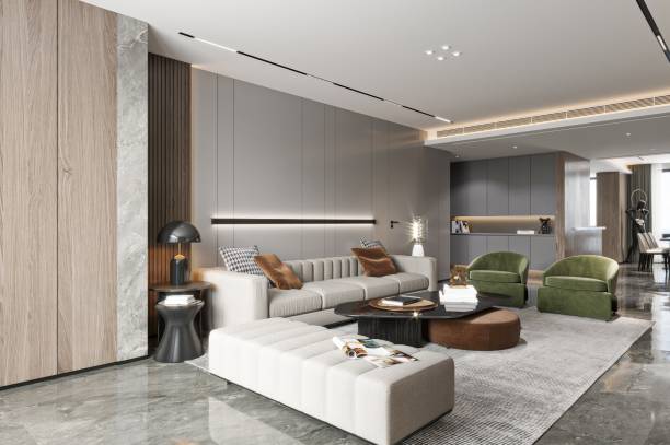 istock Contemporary Living Room Interior with Green Chairs and Modern Lighting 2190482877
