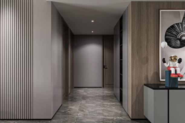 istock Modern Hallway with Artistic Decor and Textured Wall Panels 2190482892