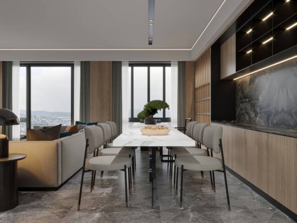 istock Elegant Open-Concept Dining and Living Room with Panoramic Window Views 2190482948