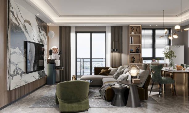 istock Luxury Modern Living Room with Marble Accent Wall and Contemporary Decor 2190482974