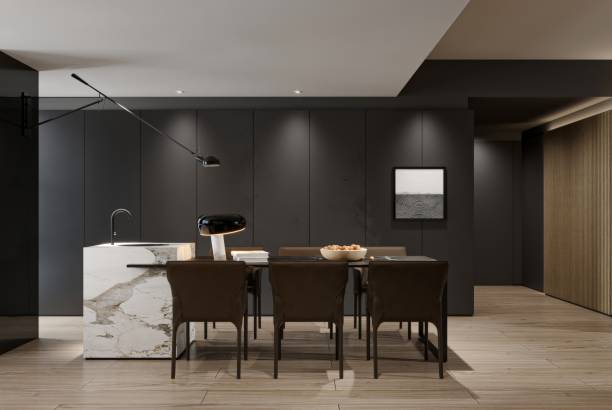 istock Contemporary Dining Area with Marble Kitchen Island and Modern Lighting 2190482998