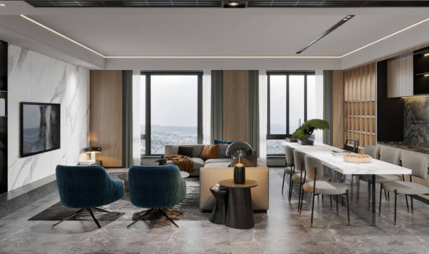istock Luxury Open-Plan Living and Dining Room with Marble Accents and Scenic Views 2190483005