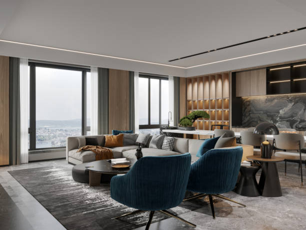 istock Modern Living Room with Panoramic Windows and Sophisticated Interior Design 2190483135