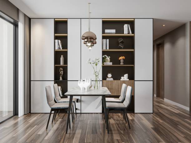istock Modern Dining Room with Minimalist Table and Built-In Bookshelves 2190483471