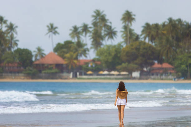 istock Woman Strolling on Tropical Beach with Palm Trees in Dickwella, Sri Lanka 2190484429