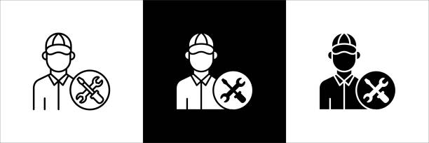 illustrations, cliparts, dessins animés et icônes de jeu d’icônes de l’opérateur du service client et de l’assistance. icône d’administrateur assistant en ligne. centre d’aide et d’information : icônes du personnel ou de l’agent de la hotline. panneaux de contact par courrier d’assistance - technicien