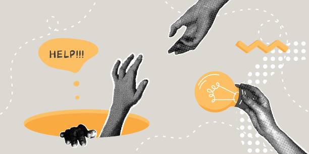 istock Fashionable halftone collage. Concept of success, life stability, asking for help, helping hand, idea of how to overcome adversity. The hand pulls out of the pit of failure and gives an idea how to solve the problem 2190498026