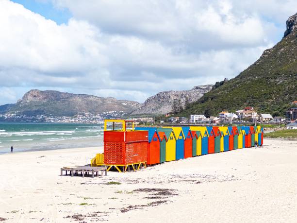 The iconic Muizenberg Beach huts for people to change in and out of bathing suits situated on Muizenberg Beach, Cape Town, South Africa