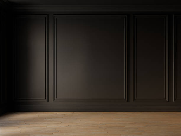 istock Classic black empty interior with blank wall with moldings and wood floor. 3d render illustration mockup. 2190500210