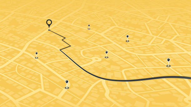 istock Route on the map to pin. City street map with various POI in perspective. GPS tracking system to navigate and find way around city landmarks, directions to different locations. Vector illustration 2190500478