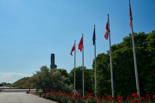 Gdansk, Poland - 06 26 2023: Concrete war memorial at Westerplatte, the place where WW ii second world war started by the attack of the Nazis in Poland at the coastline of the baltic sea.